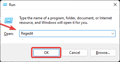 Esegui regedit e clicca su ok.