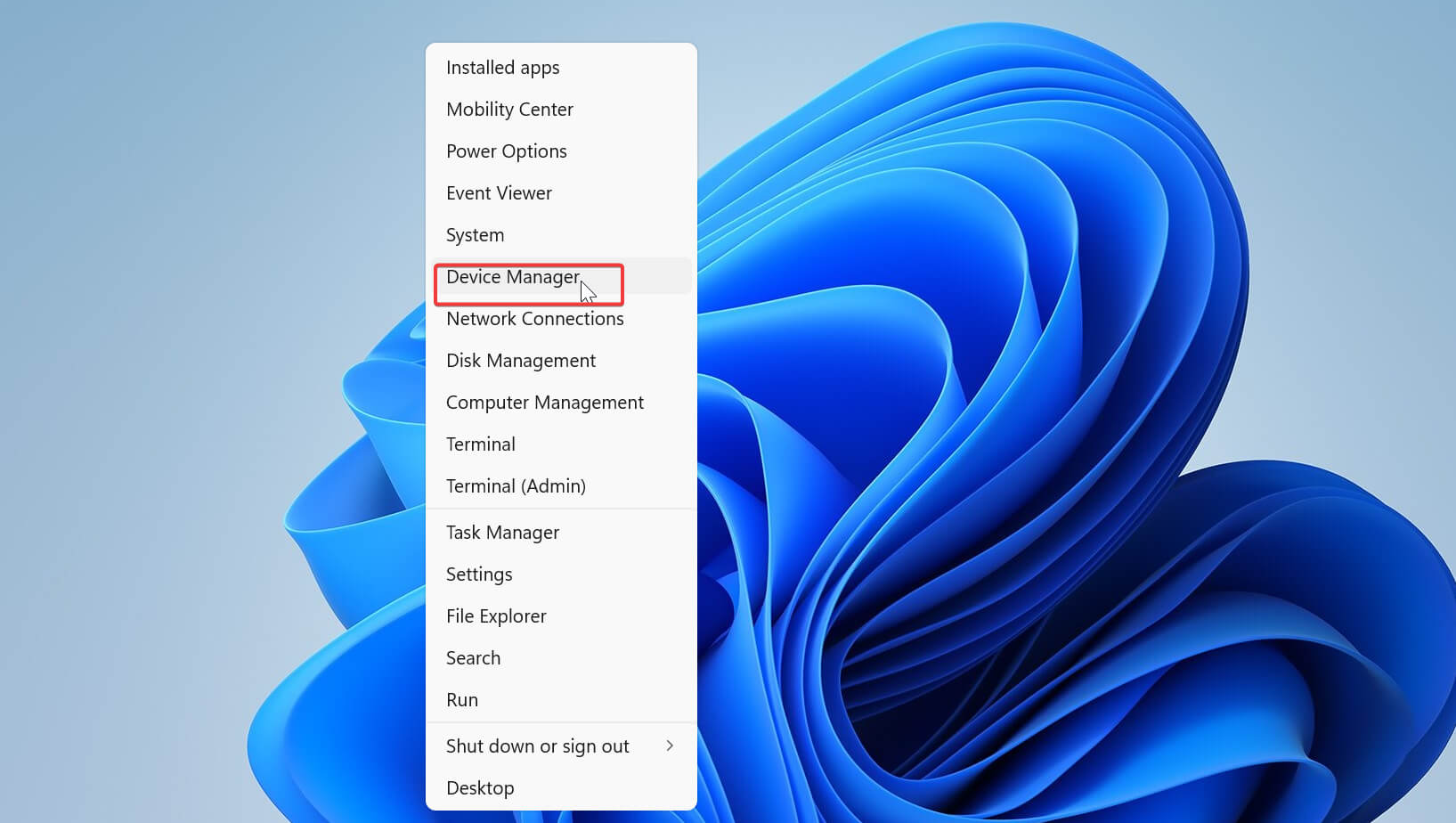 device manager windows 11 win+x menu