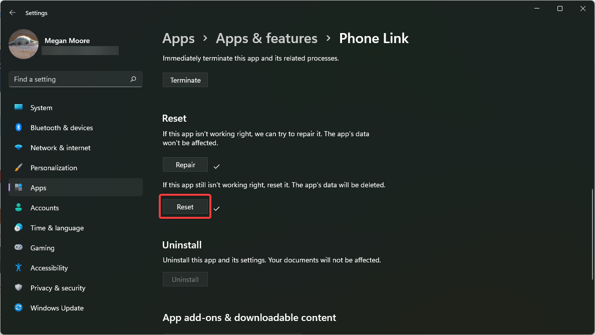 Reset Phone Link.