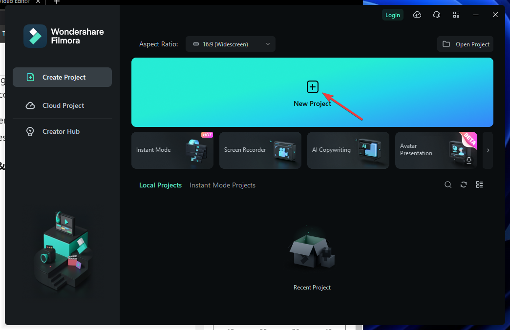 Новый проект Filmora Video Editor