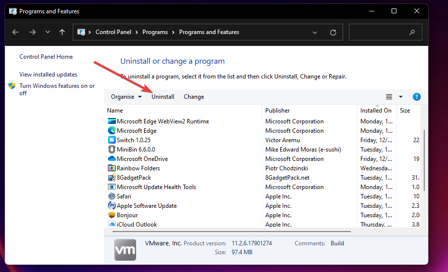 Uninstall button 