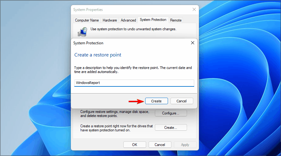 create a restore point windows 11 name