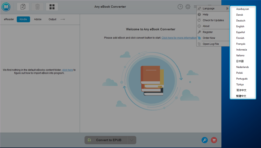 Sprachenoptionen in Any eBook Converter anzeigen
