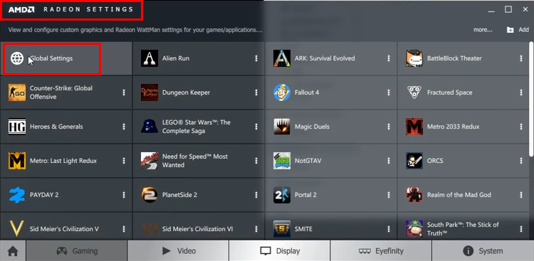 configurações globais do amd