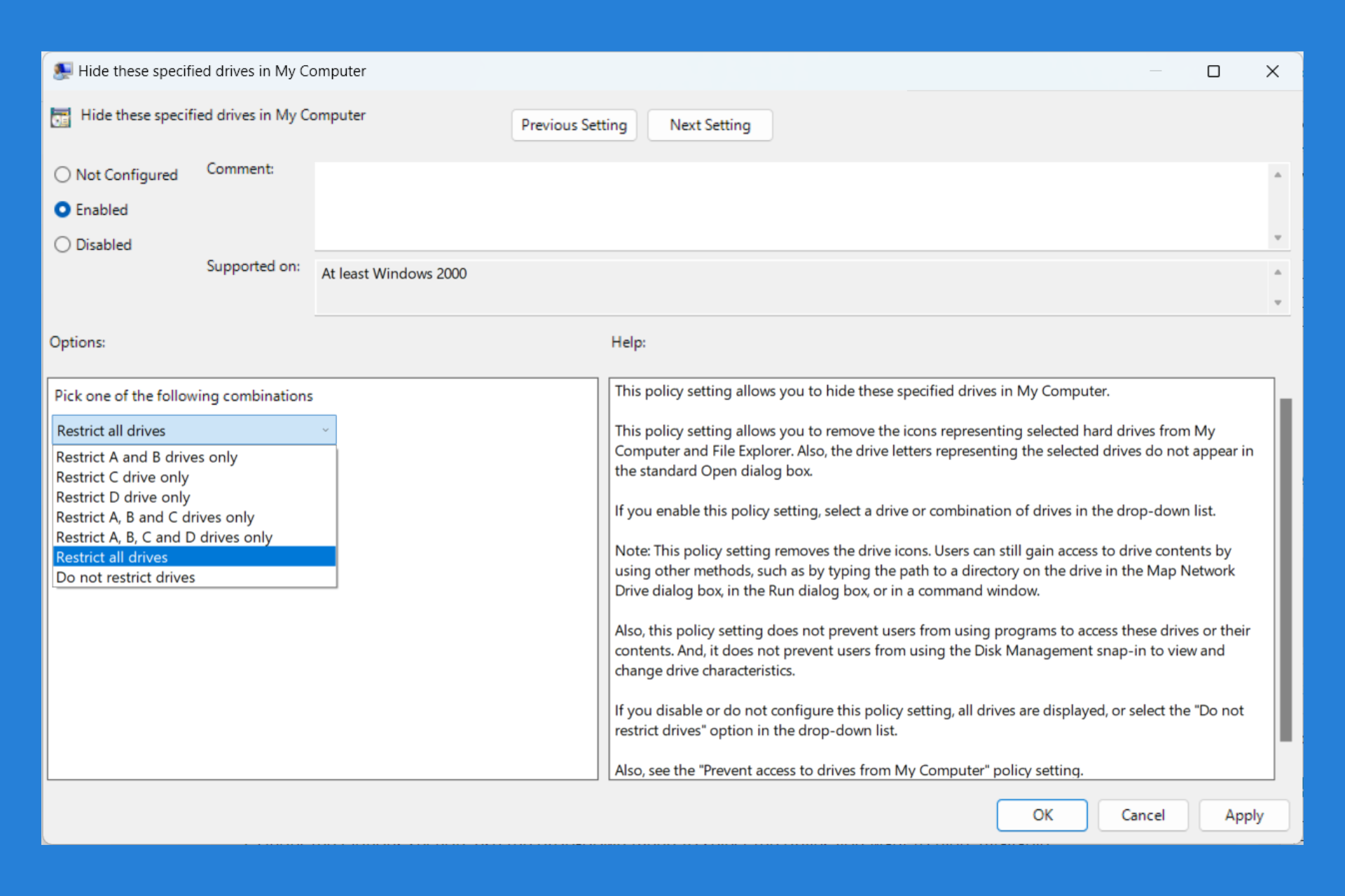 Ocultar unidades locais no Windows 11 usando gpedit.msc
