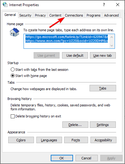 internet options window connections tab