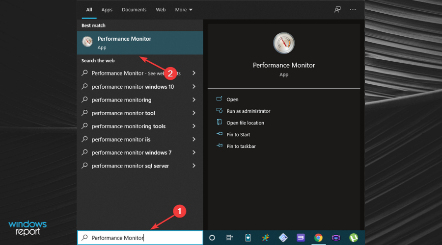 Windowsの検索バーでパフォーマンスモニターを検索