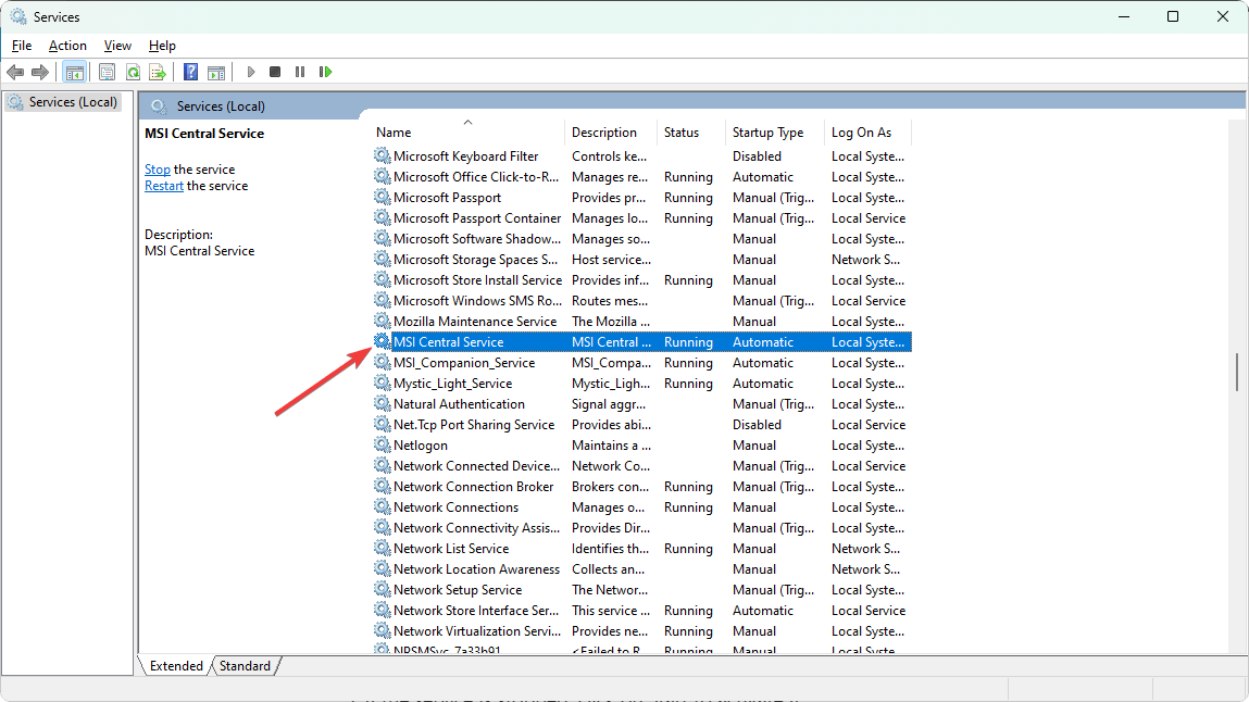 служба msi center в службах windows
