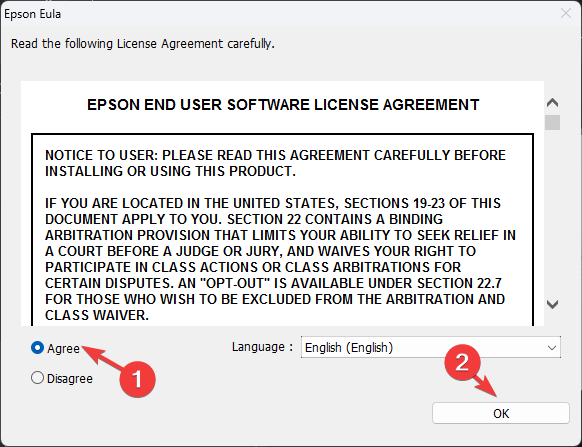 Aceptar la licencia controlador epson l120