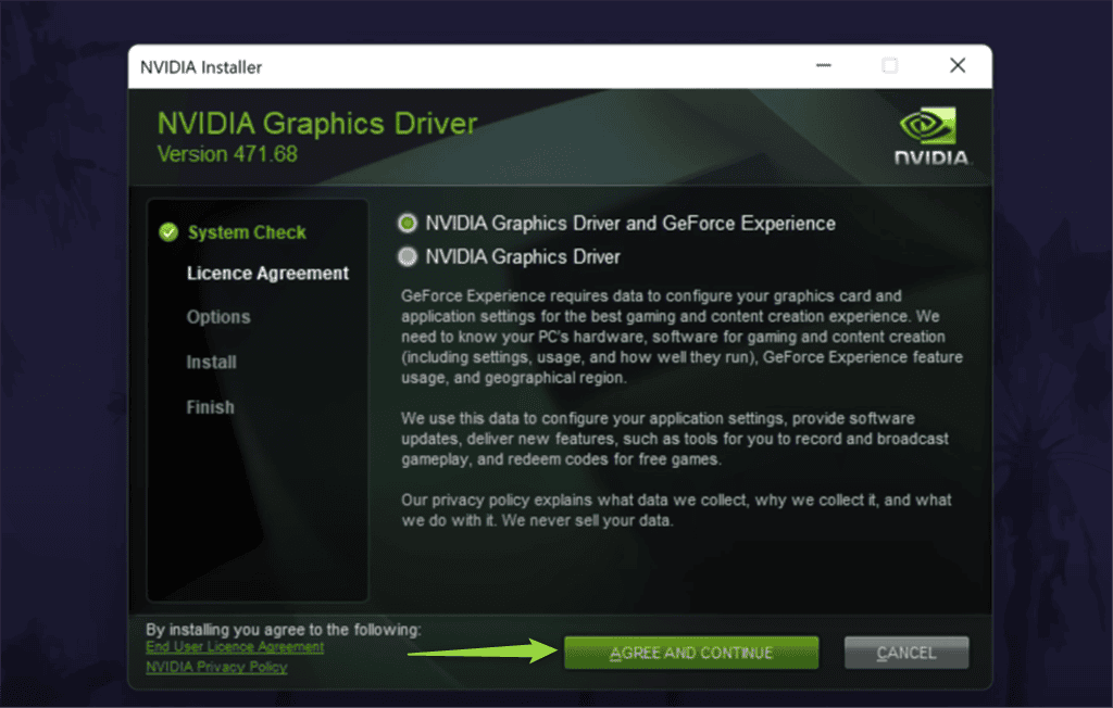 aceitando o contrato de licença do driver nvidia