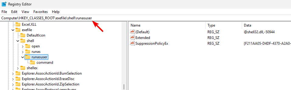 runasuser path in registry editor