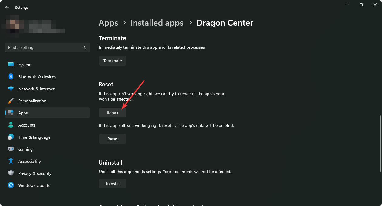 нажатие на восстановление приложения msi dragon center