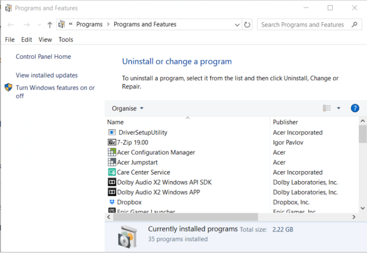 Programs and Features applet Fix 0x00000016, 0x00000017