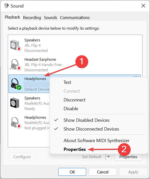 propriedades para corrigir fones de ouvido não funcionando windows 11