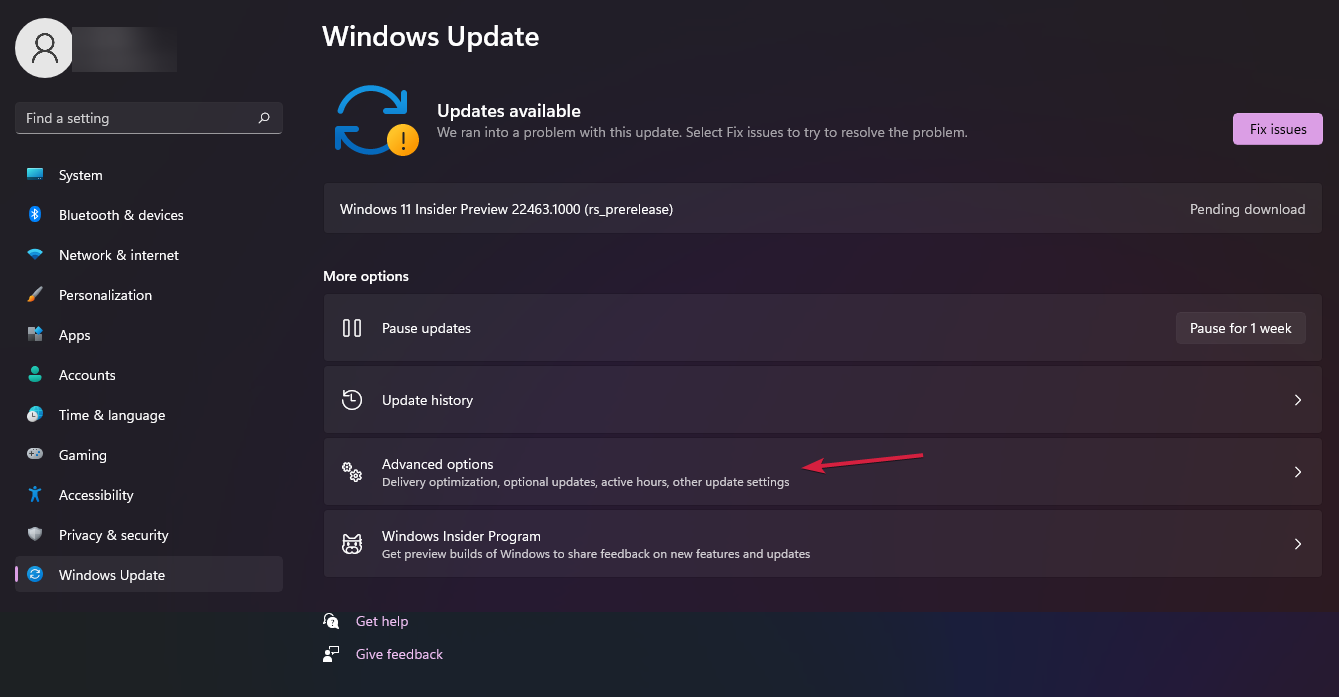 atualizações opções avançadas windows