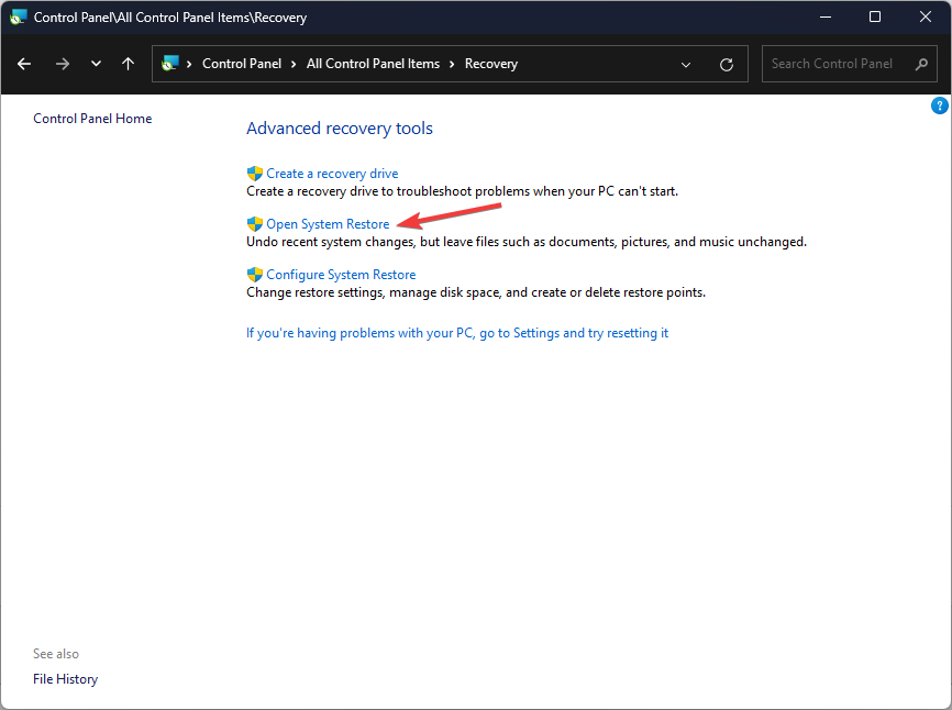 Open system restore main.exe