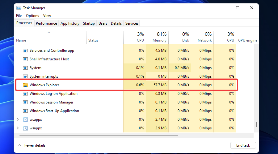 locate windows explorer service task manager