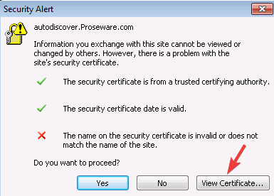 Ver certificado en el error de certificado de seguridad de Outlook