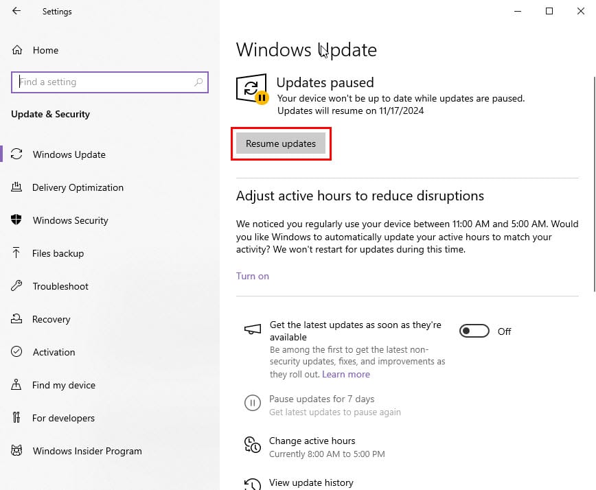 resume update windows update