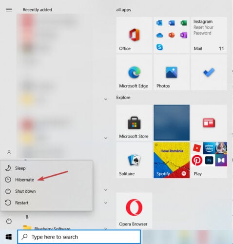 botão de hibernar menu de energia windows 10