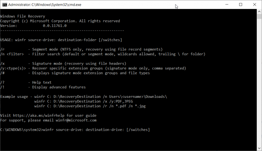 Sintaxis de Windows File Recovery
