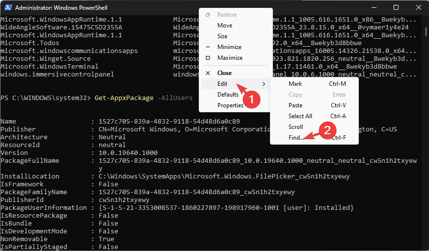 Editar, em seguida Localizar remover aplicativos Windows 11 PowerShell