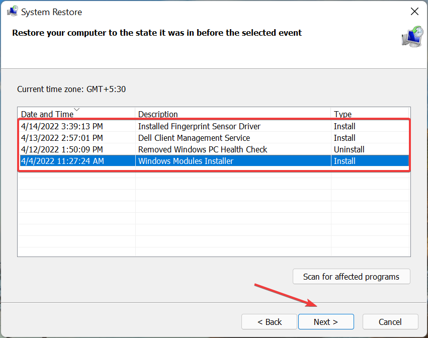 Sélectionner un autre point de restauration pour corriger la restauration du système Windows 11 prenant beaucoup de temps