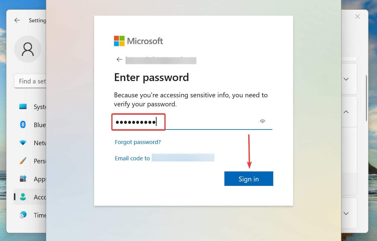 Подтвердите пароль учетной записи Microsoft, чтобы удалить PIN-код в Windows 11
