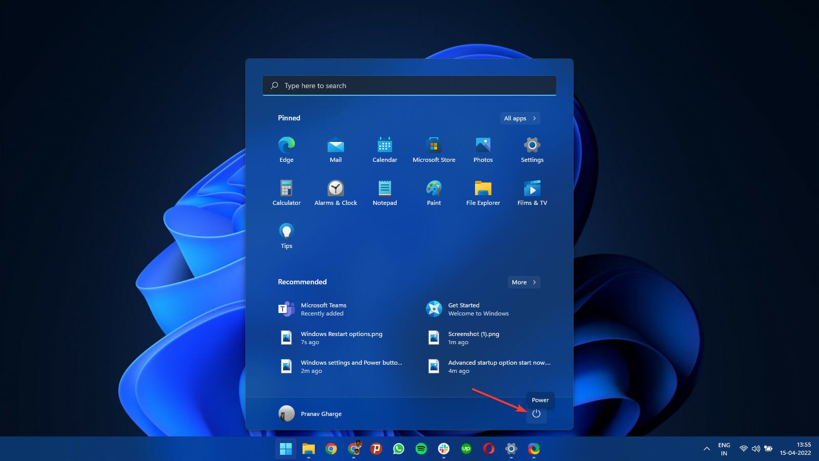 Windows設定電源ボタン