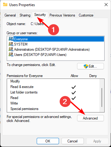 Security tab folder properties