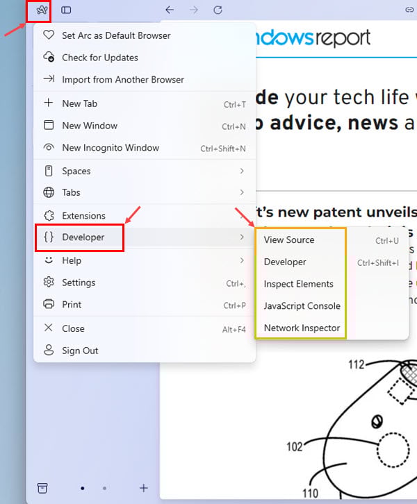 Windows 11의 Arc 브라우저 개발자 도구