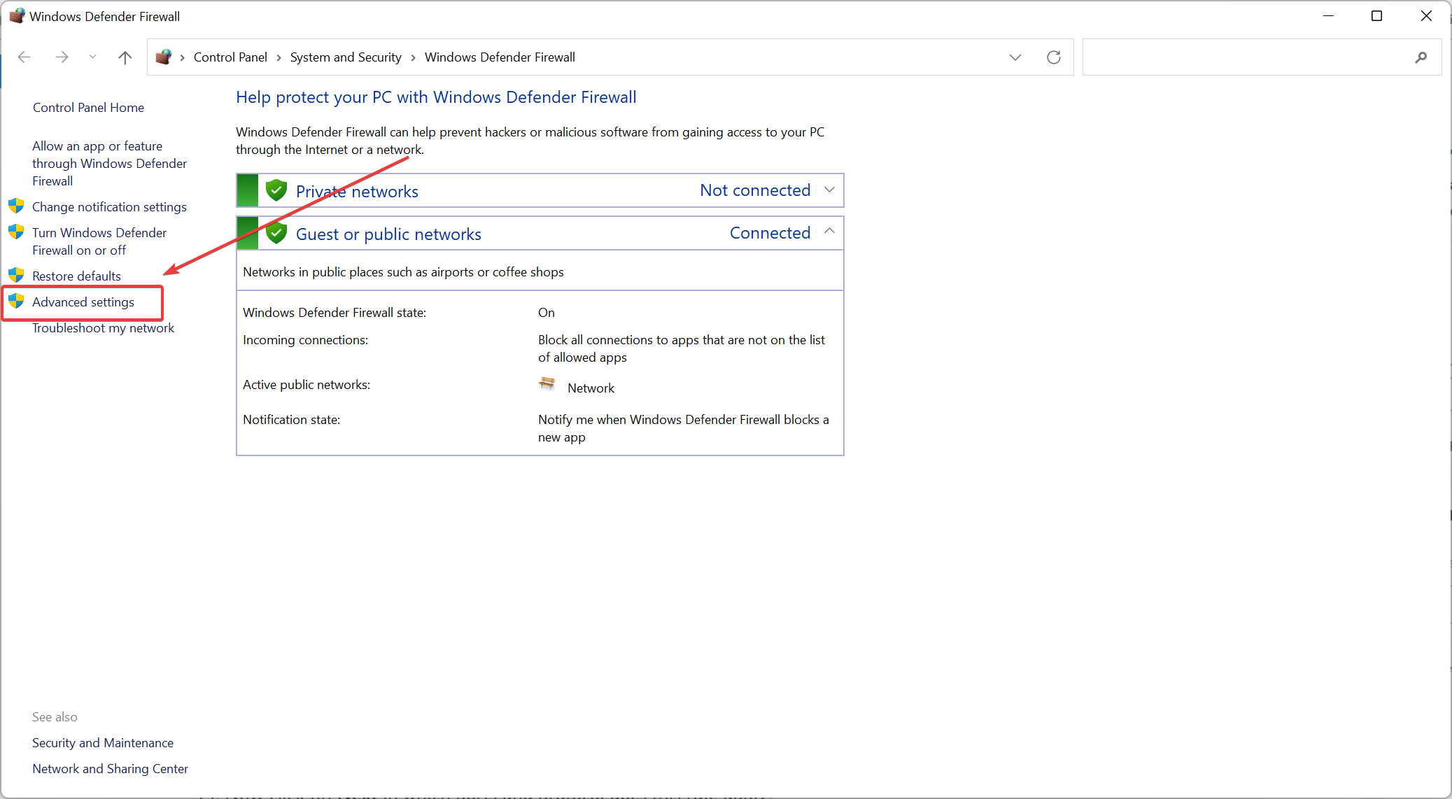 Apertura delle impostazioni avanzate nel firewall di Windows