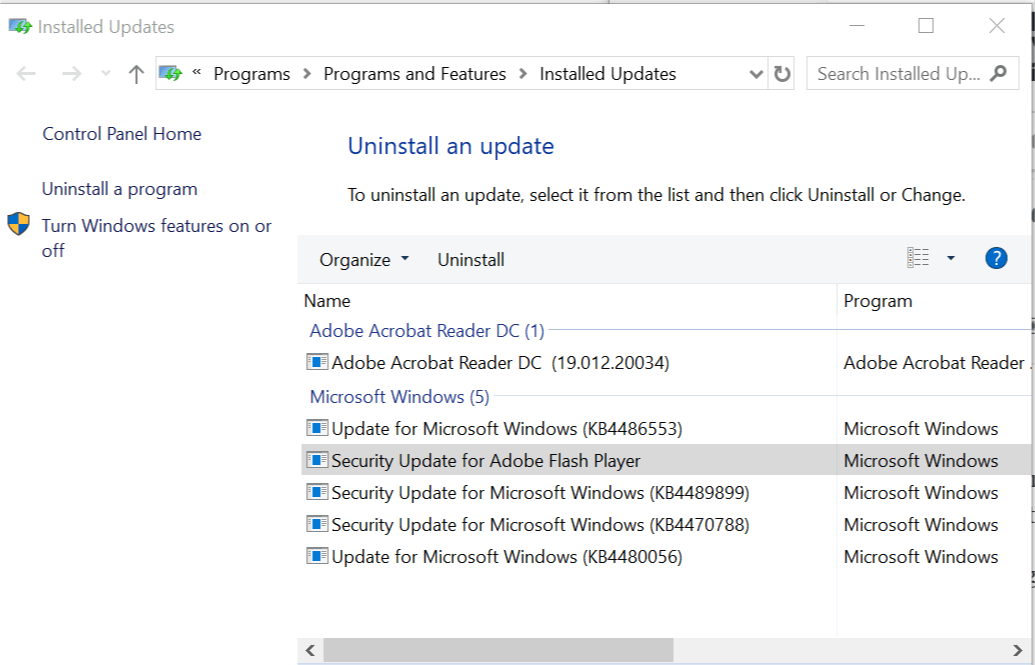 Удаление обновлений Windows - Проверка истории