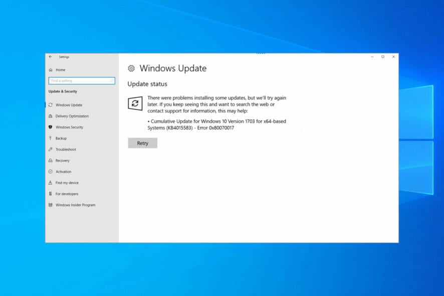Errore di installazione di Windows 0x80070017