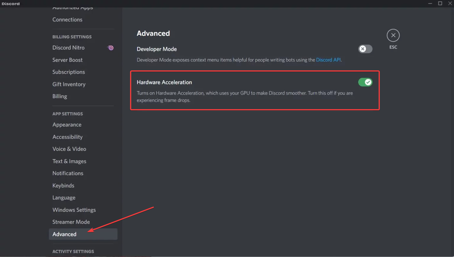 paramètre discord et section avancée