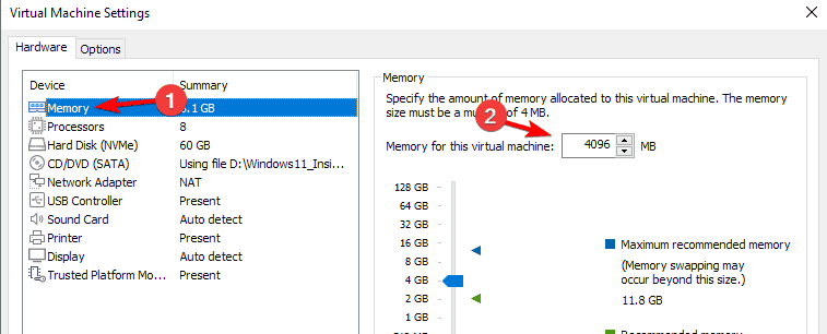 memory virtual machine settings