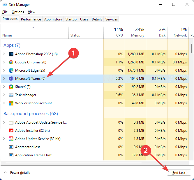 Microsoft Teams 프로세스 종료 작업 관리자