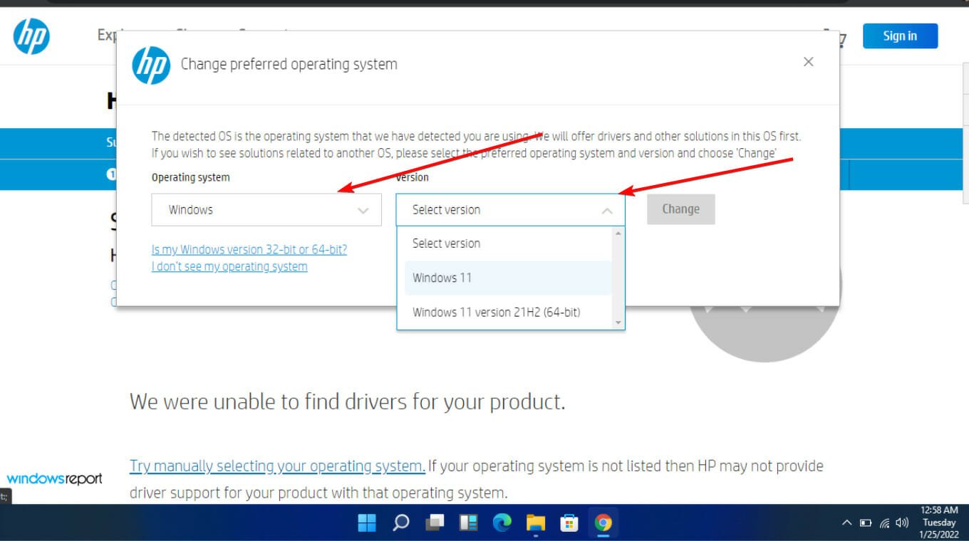 Elegir sistema operativo y versión del sistema operativo en el sitio oficial de HP