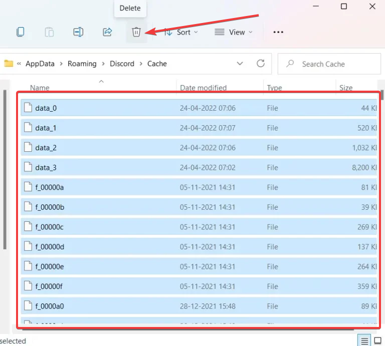 sélectionnant tous les fichiers cache de discord puis les supprimant