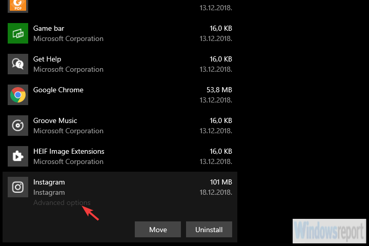 opções avançadas do aplicativo instagram windows 10