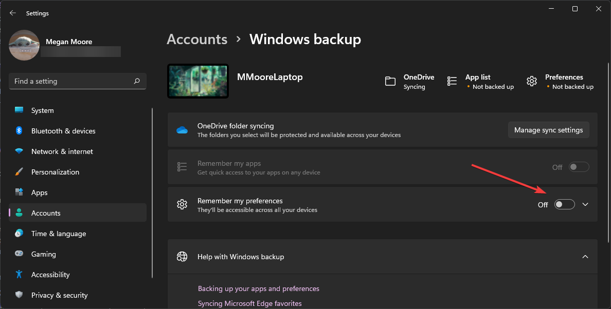 Désactivez Se souvenir de mes préférences et redémarrez pour corriger la non-synchronisation du thème windows 11.