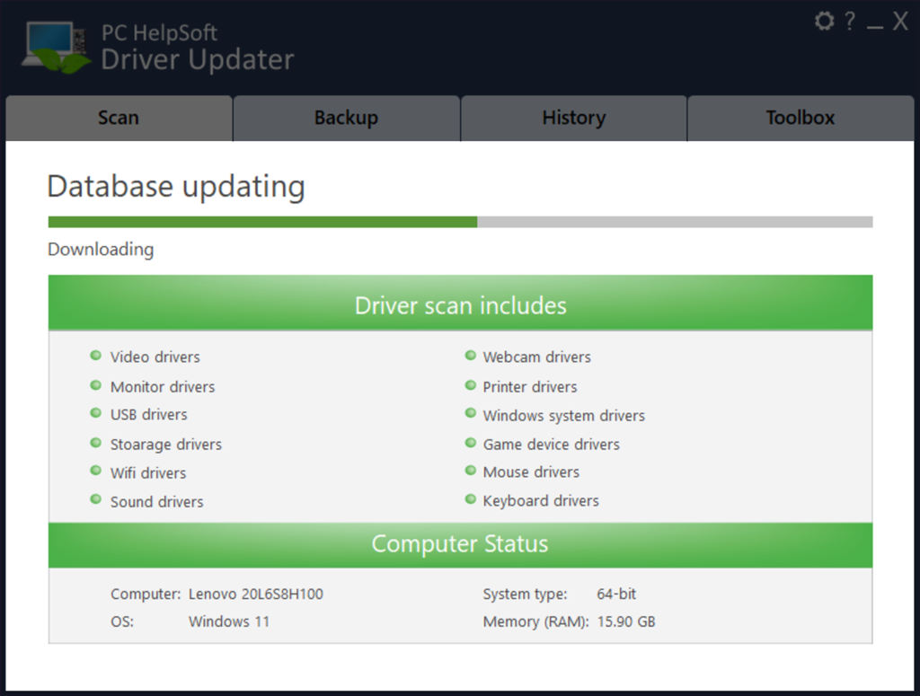 ver progreso del escaneo en el actualizador de controladores pc helpsoft