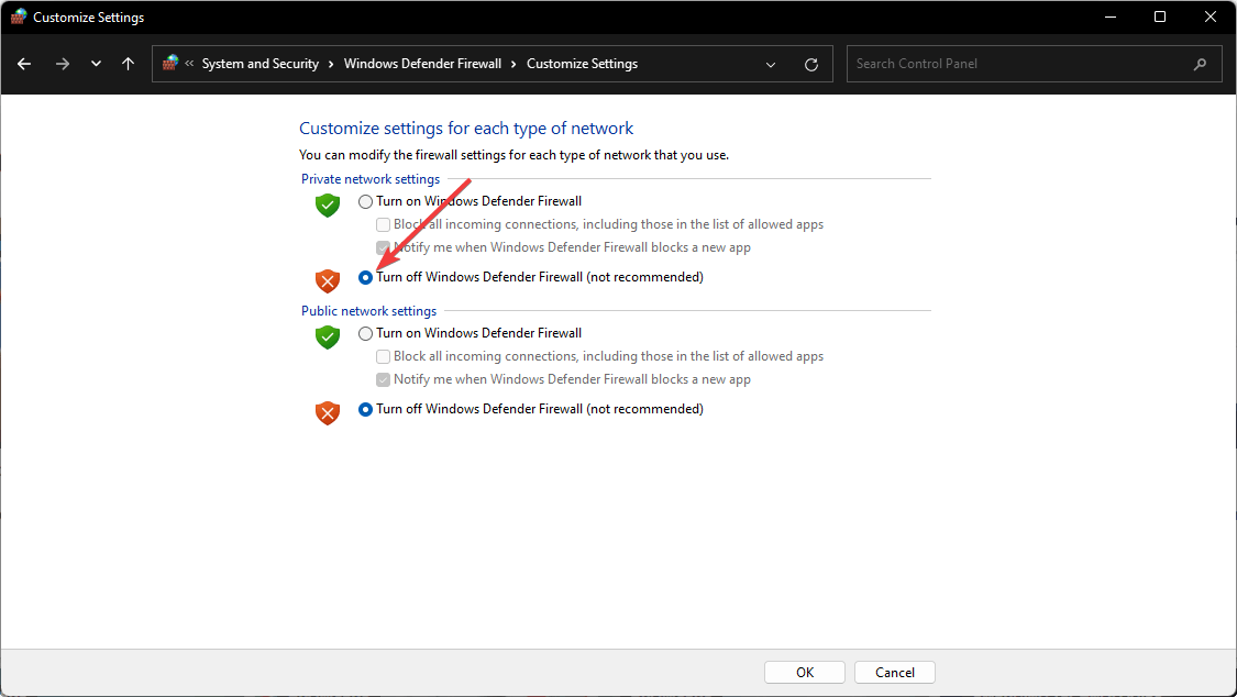 отключение брандмауэра Windows Defender