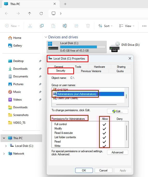 Permissions for admin