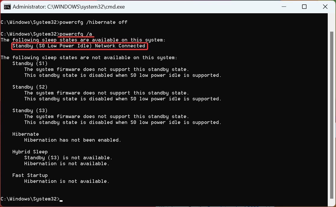 powercfg /a command in command prompt