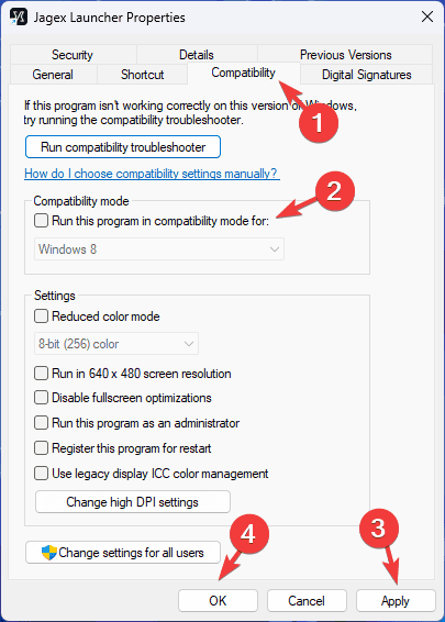 Compatibility mode - jagex launcher hdos not showing