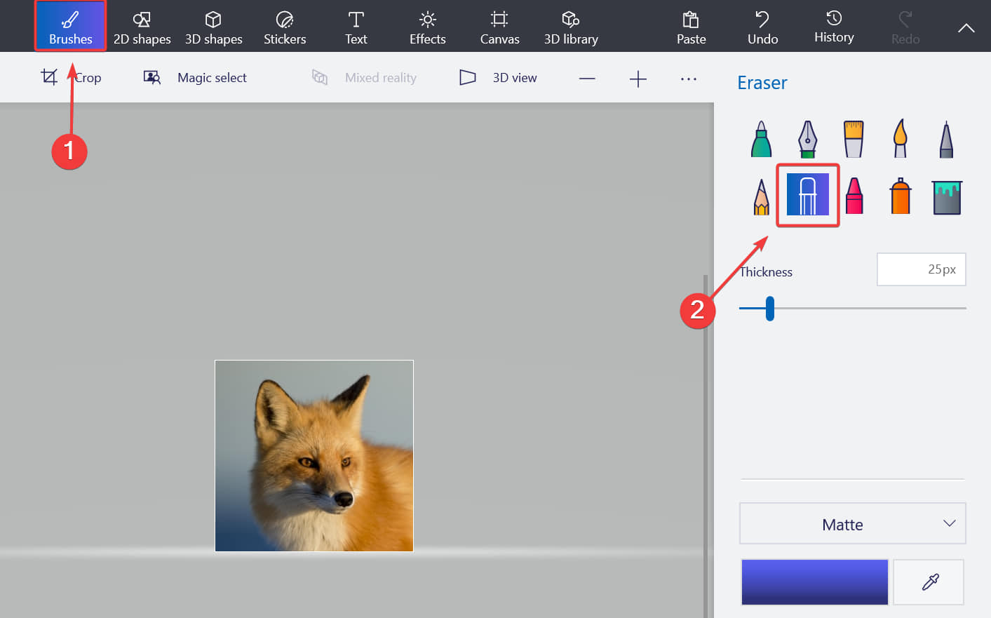 paint 3d transparenter Hintergrund Pinsel Radierer auswählen