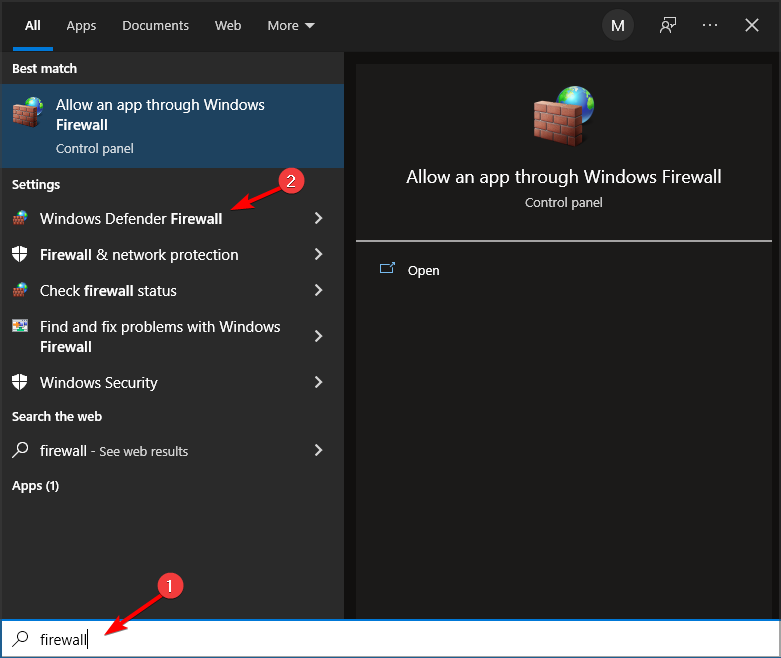 windows firewall searc results
