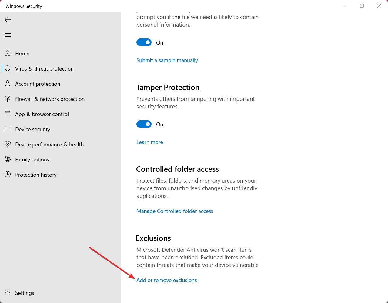 agregar o quitar exclusiones de seguridad de Windows