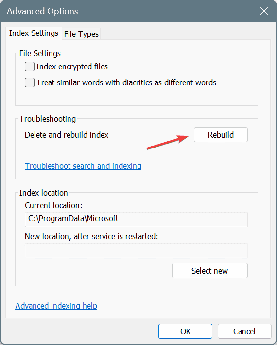 reconstruir índice para corrigir SearchFilterHost.exe